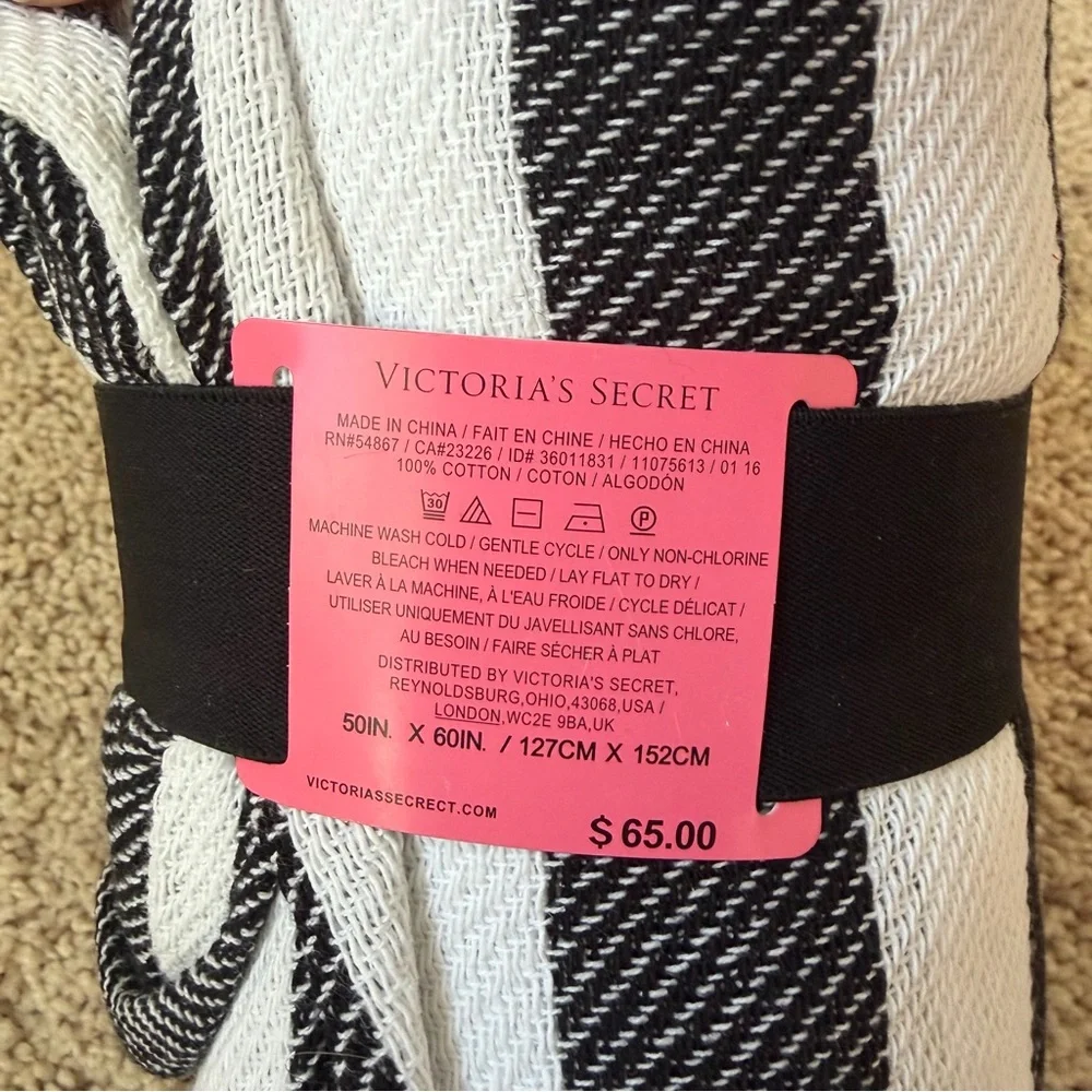 Victoria's Secret Black and White Striped Blanket with Pink